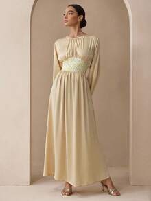 Graceveil 秋季编织拼布柔和色芦苇黄优雅教师长裙