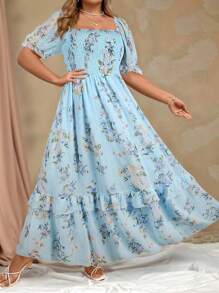 Roveilla Plus Size Romantic Chiffon Printed Puff Sleeve Dress Maxi Women Outfit - Blue - View 5