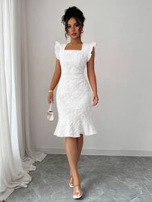 Elenzga 女士方领盖袖优雅提花通勤连衣裙，夏季 - 白色 - 查看 4