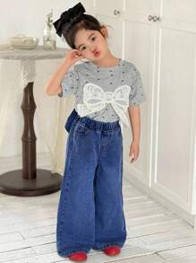 SHEIN 少女可爱蝴蝶结装饰牛仔休闲阔腿裤，春夏休闲度假乡村波西米亚风穿搭，海滩风、西部街头风，春假、锐舞音乐节牛仔裤，少女度假必备，蝴蝶结牛仔裤，秋冬阔腿牛仔裤 - 深色水洗藍 - 查看 3