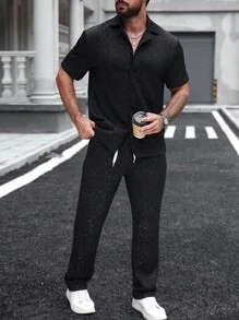 Manfinity Homme Men's Fashion Rhinestone Embellished Shirt And Pants Set,Black,Summer,Casual,City Break Two Pieces Co-Ord Jumpsuit Sweatsuit - Black - View 3