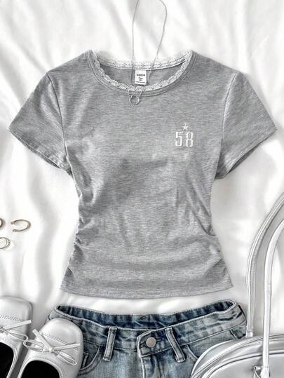 Girls' Knit Solid Color Crew Neck Pullover, Bow Contrast Embroidery Side Waist Pleated Design Short Sleeve T-Shirt, Summer Outfit, Basic Style, Casual