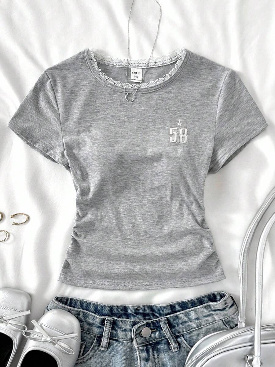 少女针织纯色 BM 风格圆领套头衫蝴蝶结撞色刺绣侧腰褶皱设计短袖 T 恤，夏季服装，基本款，休闲款 - 彩色 - 查看 1