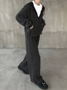 FRIFUL Bộ đồ thường ngày cho nữ, áo hoodie và quần dài tay dài có dây rút phía trước, màu trơn, hở vai - màu đen - Xem 4