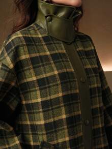 Anewsta Women's Elegant Classic Vintage Plaid Patchwork PU Leather High Collar Long Loose Wool Coat, Suitable For Halloween, Christmas, Fashion - Green - View 8