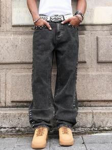 Manfinity EMRG Men's Casual Street Style Rivet Loose Slant Pocket Denim Jeans - Dark Grey - View 6