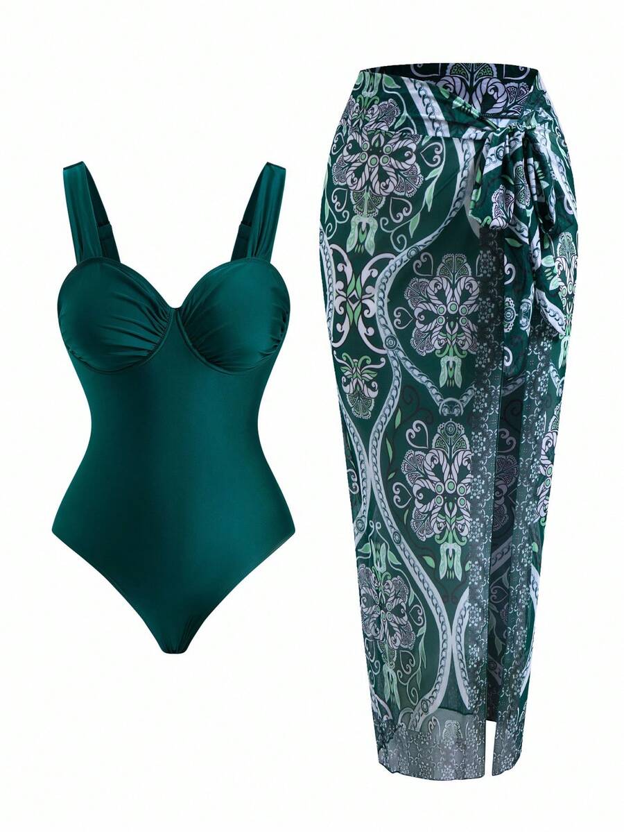 Swim Oasis Traje de baño de una pieza con pliegues de tela brillante esmeralda para mujer de talla grande, elegante y casual estilo bohemio, adecuado para vacaciones en la playa - Multicolor - Ver 1