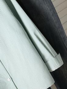 1pc Girls' Turndown Collar Long Sleeve Button-Up Striped Shirt With Embroidered Front Graphic, Casual Blouse For Autumn Fall Winter - Green - View 4