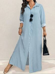 Linhara Váy sơ mi dài phong cách ngày lễ cỡ lớn cho nữ, áo sơ mi dài tay, khối màu & sọc, nút đơn - Màu xanh nhạt - Xem 5