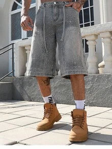 ROMWE MEN Street Life Herren Weite 3/4 Hose aus Denim mit funkelnden Strass-Verzierungen - Blau - Übersicht 4