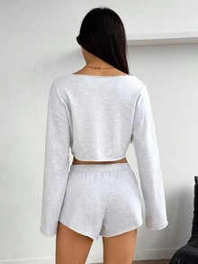 SHEIN PETITE Women's Casual Solid Color Cropped Top And Shorts 2 Pieces Set