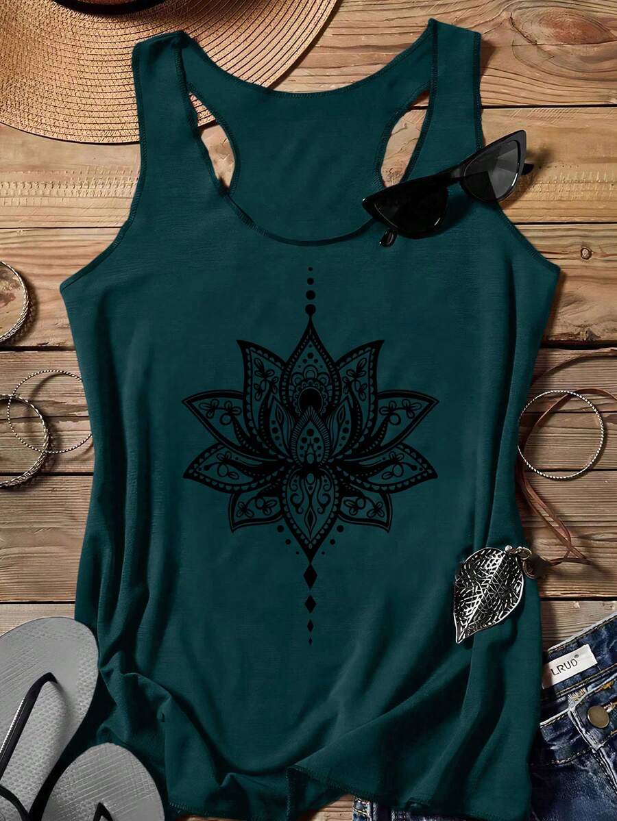 SHEIN LUNE Casual Lotus Flower Design Women's Tank Top, Suitable For Spring And Summer,Casual - Dark Green - View 1