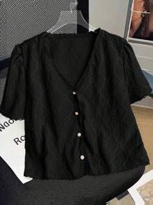 GlowEve CURVE Plus Size Women's Pink Simple Embroidered V-Neck Short Sleeve Blouse, Suitable For Commuting - Black - View 1