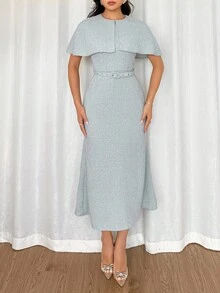 Feyla 女士优雅通勤纯色系带中长连衣裙 - 霧霾藍 - 查看 5