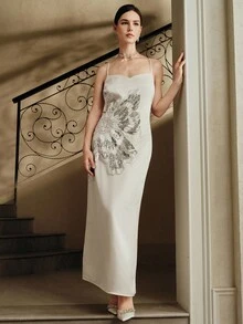 Anewsta 女士时尚性感细肩带露背铆钉串珠优雅派对连衣裙 - 白色 - 查看 5