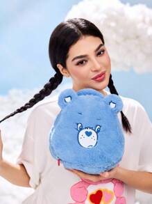 SHEIN X Care Bears 1 件可爱毛绒熊头造型化妆包，手提式，超大容量，可存放化妆品瓶和日常用品，适合女性和青少年，欢呼熊，熊