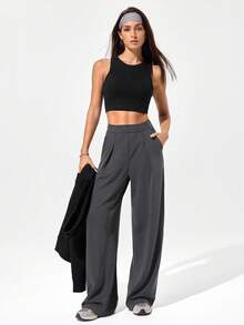 GLOWMODE 莫代尔罗纹阔腿内置可调节抽绳腰运动裤带侧袋日常休闲装 - 深灰色 - 查看 5