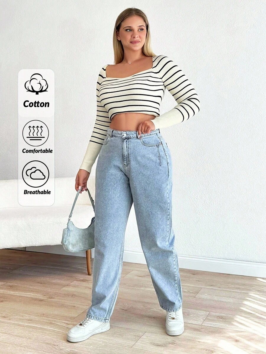 EURMUSE Cottnline Mom Fit Plus Jeans With Snow Wash, - Medium Wash - View 1