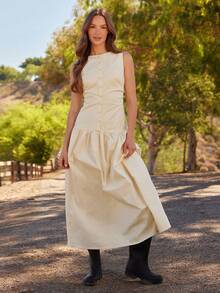 WESTFADE 船领前开扣无袖低腰修身喇叭长裙可爱秋季女装乡村音乐会服装 - 杏色 - 查看 3