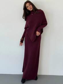 Aloruh 紫色针织两件套 新款冬季加厚女士毛衣裙宽松两件套 - 紫色 - 查看 2