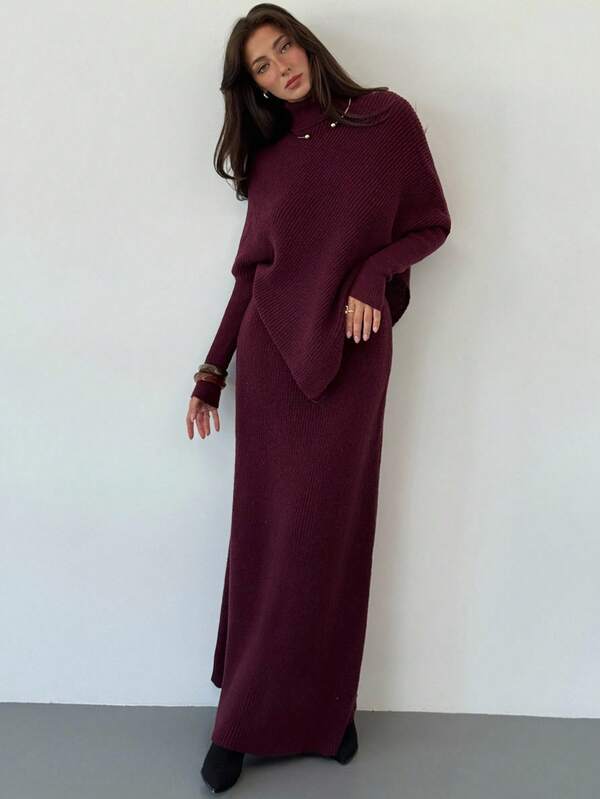 Aloruh Purple Knitted 2pcs Set New Winter Thick Women Sweater Skirt Loose Two Pieces Set,Fall,Christmas Sweater