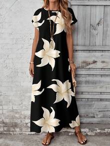 EMERY ROSE 休闲简约黑百合花卉图案女士连衣裙，适合春夏和秋冬 - 彩色 - 查看 1
