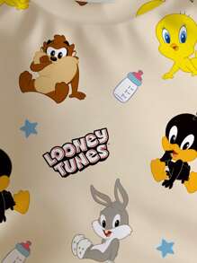 LOONEY TUNES X SHEIN 男婴圆领长袖杏色和米色舒适休闲卡通可爱英文字母印花图案卫衣 - 白色 - 查看 4