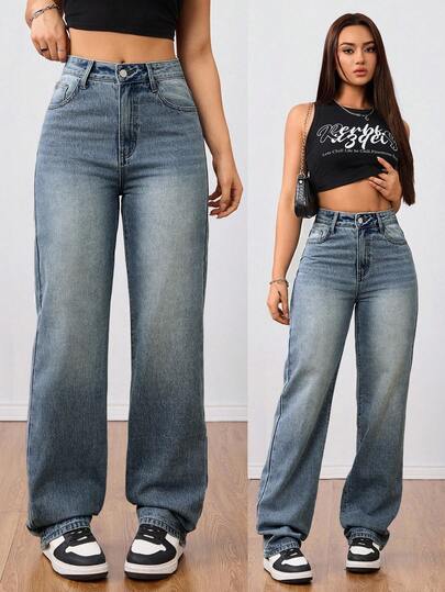 SHEIN Tall Women's High Waist Boyfriend Jeans, Faded Light Blue Washed Y2K Style Denim Pants Casual Street Patchwork Pocket Loose Wide Leg Jeans Women Jeans Baggy Loose Jeans