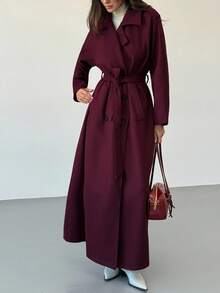 Aloruh 双排扣系腰长款大衣，纯色，适合秋冬季节穿着。 - 中紫紅色 - 查看 5