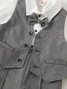 Cozy Pixies Bộ trang phục quý ông thu đông 3 món cho bé trai, bao gồm áo khoác vest xám, quần có quai rời có cạp chun và áo sơ mi dài tay màu trắng có nơ - Nhiều màu - Xem 8