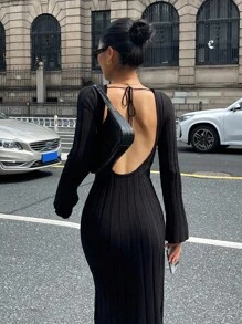DAZY Abito maglione aderente a maniche lunghe con collo tondo da donna per l'autunno - nero - Visualizzare 4