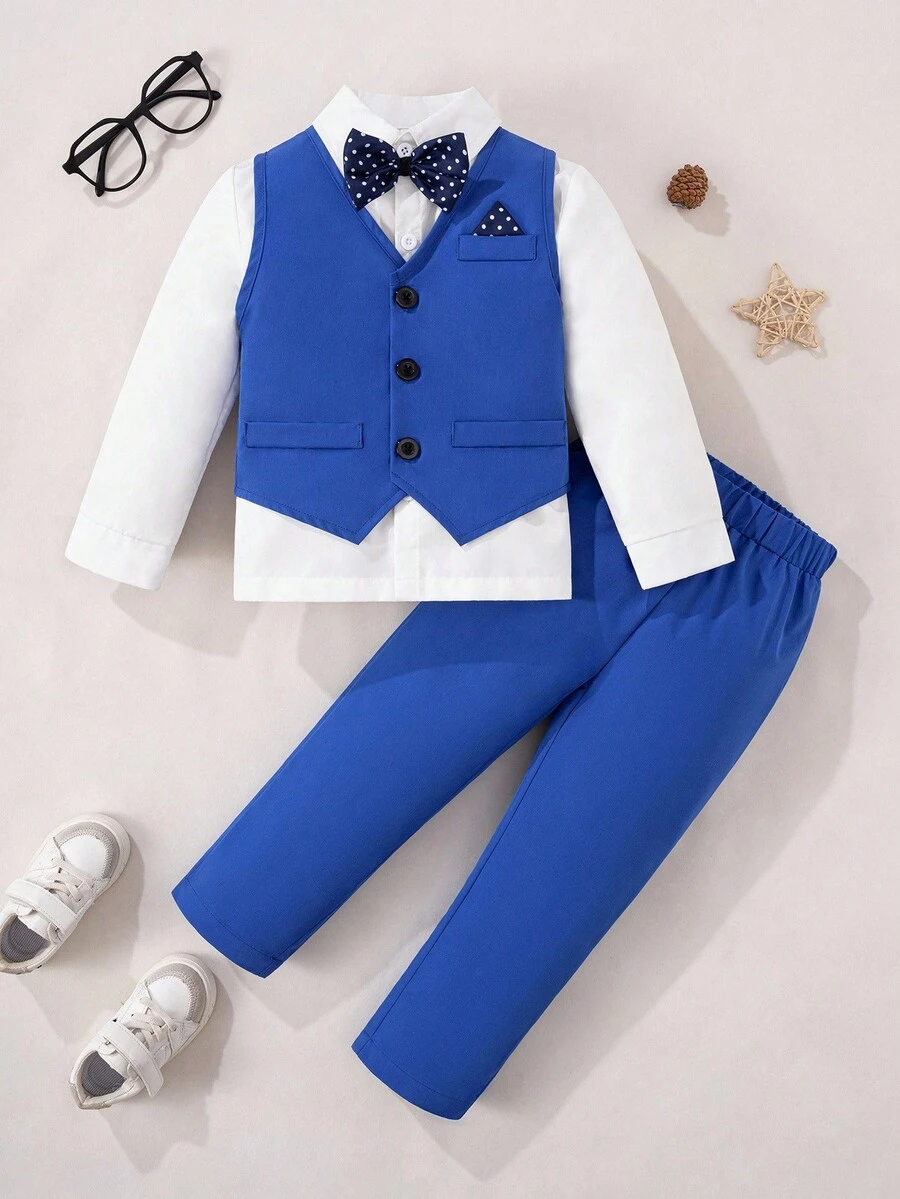 Conjunto de 3 piezas de traje casual elegante para niño pequeño para boda y eventos: chaleco de unicolor con ajuste ceñido + pantalón de traje casual + pajarita a lunares desmontable. Pañuelo de contraste decora el pecho y la pajarita - Azul - Ver 1
