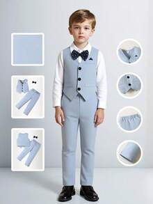SHEIN 年轻男孩多件套绅士正装套装 - 背心、领结、裤子，非常适合婚礼、婚礼宾客、花童、戒童，秋冬 - 藍色 - 查看 8