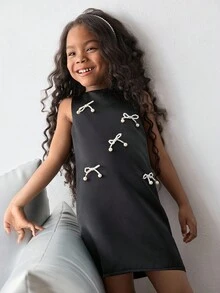 Maija Kids Maija Kids Young Girl Round Neck Pearl Bow Decor Dress Pearl Dress Young Girls Bow Dress Young Girls Dress - Black - View 1