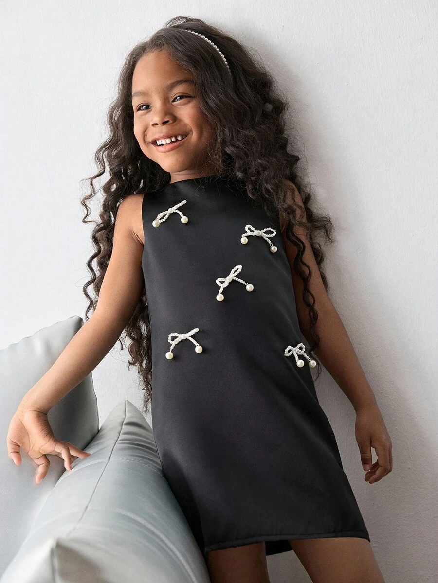 Maija Kids Maija Kids Young Girl Round Neck Pearl Bow Decor Dress Pearl Dress Young Girls Bow Dress Young Girls Dress - Black - View 1