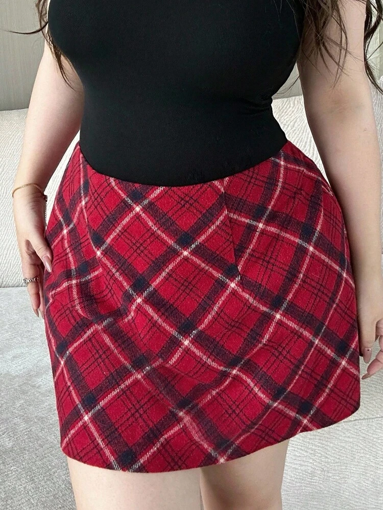Dazy Plus Christmas Plaid Red Wrap Thick Mini Skirt, Plus Size Women Fall Skirts Winter Women Skirts