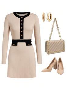 Ellevyn Women's Elegant Commuter Button Decor Short Knit Sweater Dress,Women's Winter Sweater, Winter Clothes