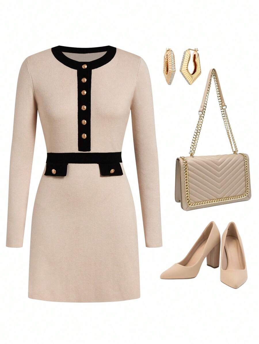 Ellevyn Women's Elegant Commuter Button Decor Short Knit Sweater Dress,Women's Winter Sweater, Winter Clothes