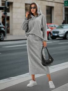 SHEIN Tall Drop Shoulder Drawstring Hooded Sweater & Knit Skirt - Grey - View 3