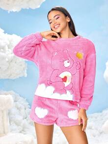 SHEIN X Care Bears 女士卡通刺绣长袖上衣和短裤睡衣套装，秋季服装 - 粉色 - 查看 4