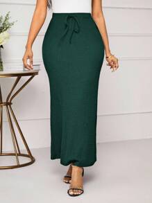 SHEIN Lady 2025 New Women's Dark Green Drawstring Waist Pocket Skirt, Elegant Christmas Women's Halloween Christmas Autumn & Winter Party Going Out Skirt Chic Women's Skirt Business Casual, Fall - Dark Green - View 4