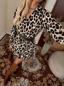 LanaWest Vestido de manga larga con volantes en el bajo con estampado de leopardo - Café - Ver 7