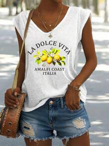 EMERY ROSE Casual V-Neck Watercolor Lemon & Text Print Camisole Tank Top For Women, Suitable For Summer,Casual - White - View 1