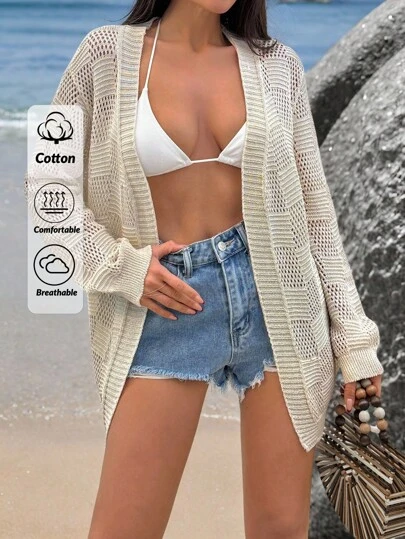 EURMUSE Plus Size Women Solid Color Hollow Out Cardigan