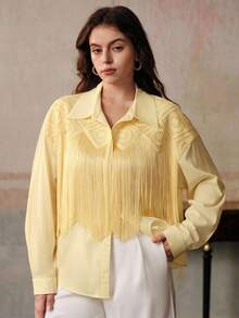 Anewsta Plus Size Women Fringe Elegant Blouse - Yellow - View 5