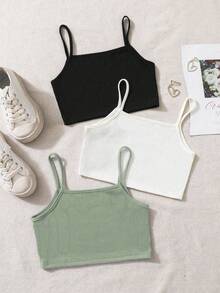 3pcs/Set Tween Girls Classic Minimalist Comfy Versatile Tank Top Set - Multicolor - View 2