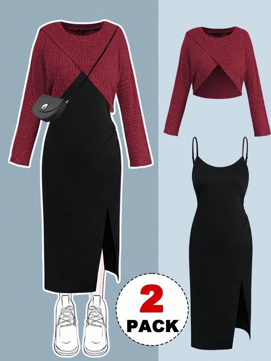 Flirla Conjunto de 2 piezas de talla grande con top asimétrico acanalado + vestido con tirantes finos, plisado y abertura en contraste de color, para otoño/invierno - Multicolor - Ver 1