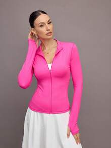Activina Chaqueta deportiva ajustada de manga larga con cremallera y unicolor para mujer - Rosa Fucsia - Ver 7