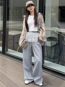 FRIFUL Women's Gray Solid Color Waist Drawstring Patchwork Polka Dot Mesh Flared Loose Casual Straight Pants, Suitable For Airport Travel, Autumn - Grey - View 2