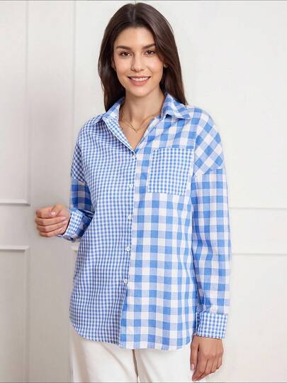 Miaspire Shirts Women's Plaid Splice Drop Shoulder Elegant Blouse